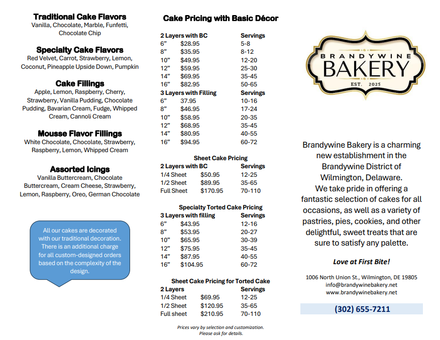 Brandywine Bakery Menu - Page 1